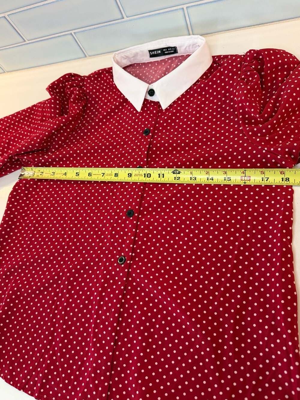 Red and White Polka Dot Long Sleeve Blouse with Contrast Collar - Picture 4 of 6